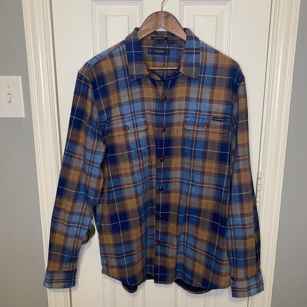 Lucky Brand Mens Large Classic Fit Plaid Button Down Shirt Blue‎ Brown Cotton